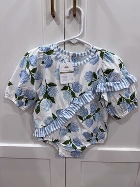 NWT- Mud Pie Blue Hydrangea Romper with Ruffle